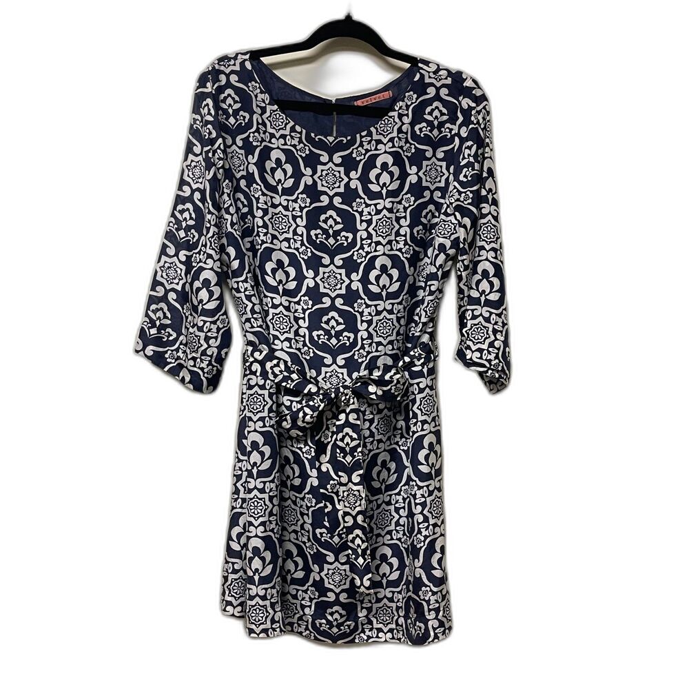 VELVET by GRAHAM & SPENCER 100% Silk Navy/White Abstract Floral Dress, Sz XL